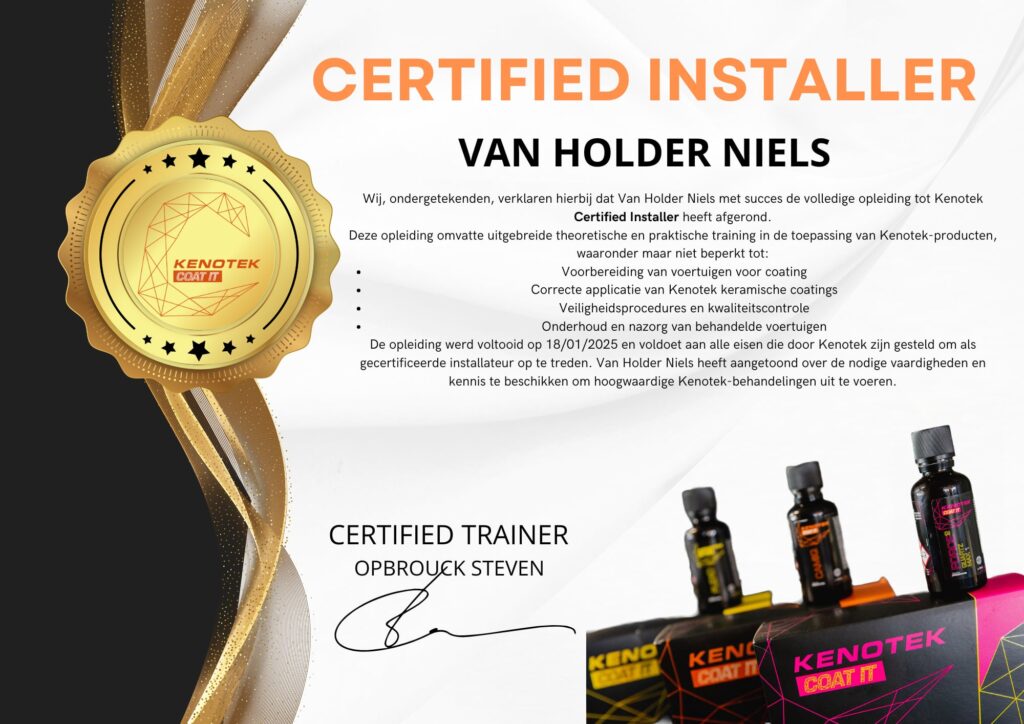 Certificaat Certified Installer Kenotek voor het voorbereiden en plaatsen van Coatings